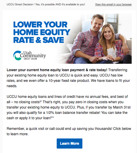email with header reading 'lower your home equity rate and save' and a young couple in work clothes