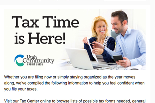 email with header reading 'tax time is here' and couple working at computer