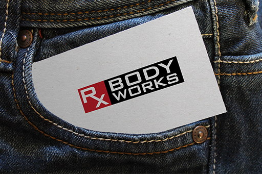 rx bodyworks logo business card in pants pocekt