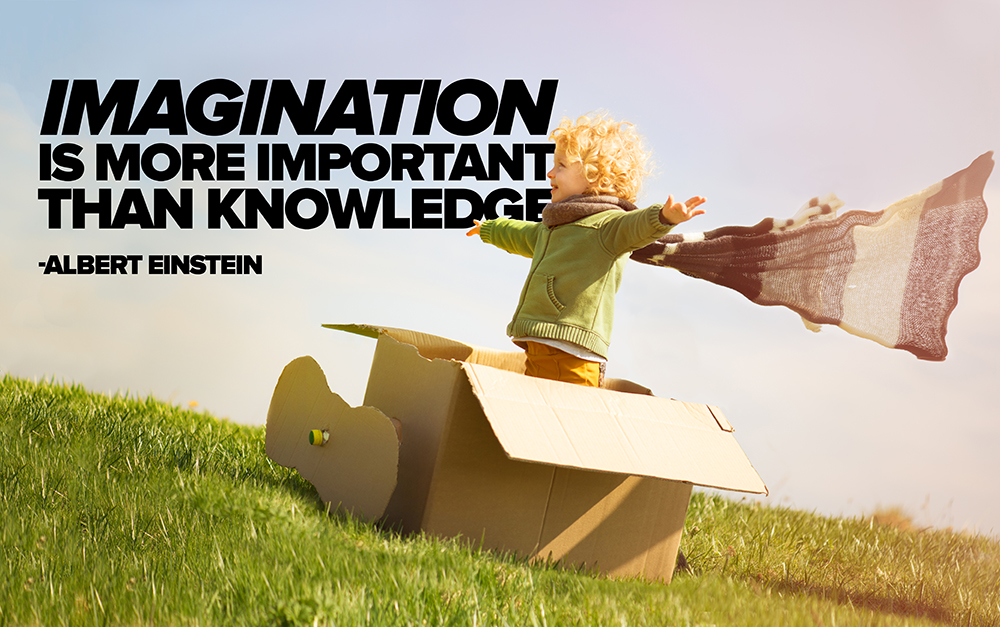 small boy in a cardboard airplane with a scarf blowing behind him and text says 'imagination is more important than knowledge' partially obscured